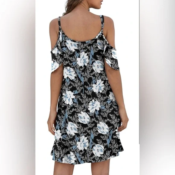 Floral Cold Shoulder Dress in Black/Blue/White Size Large - Picture 9 of 9